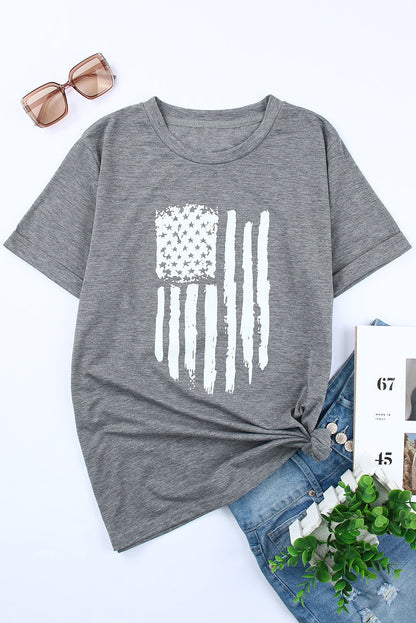 Gray America Flag Print Crewneck T-shirt