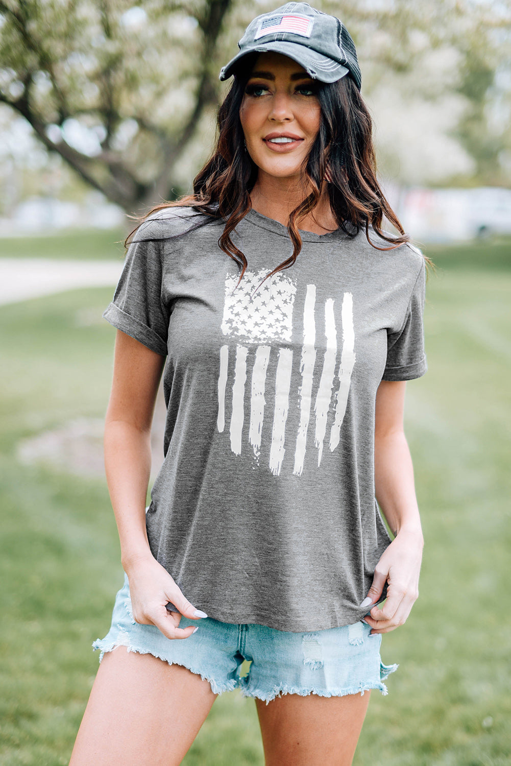 Gray America Flag Print Crewneck T-shirt