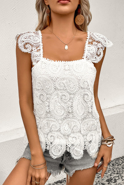 White Lace Crochet Ruffled Square Neck Tank Top