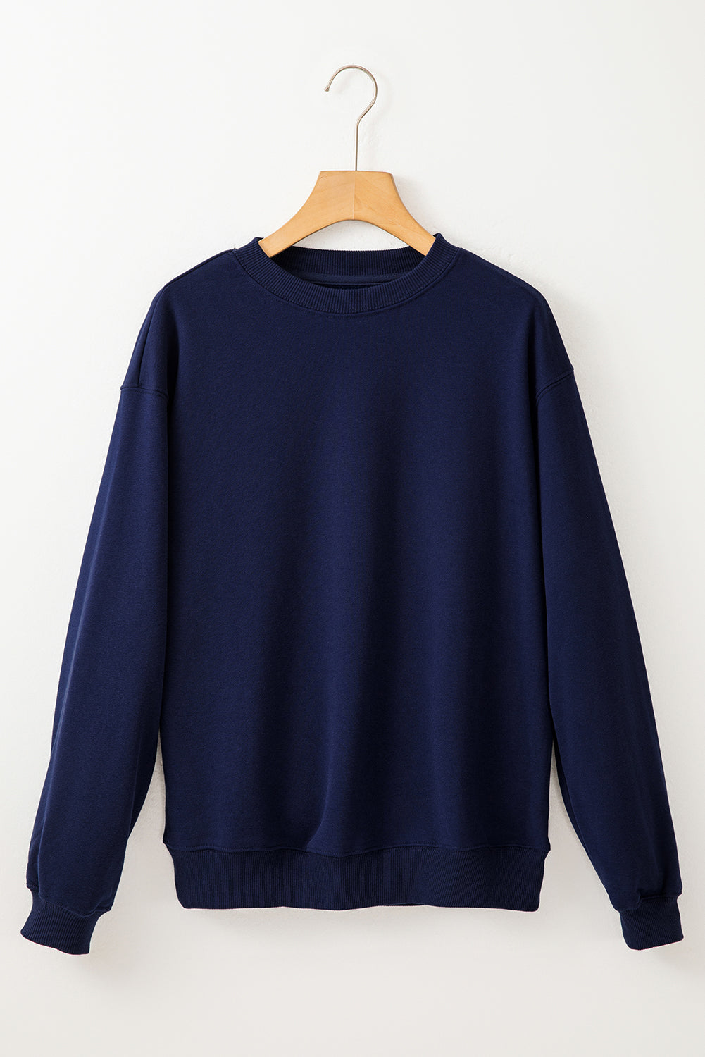 Navy Blue Solid Fleece Lined Drop Shoulder Terry Sweatshirt