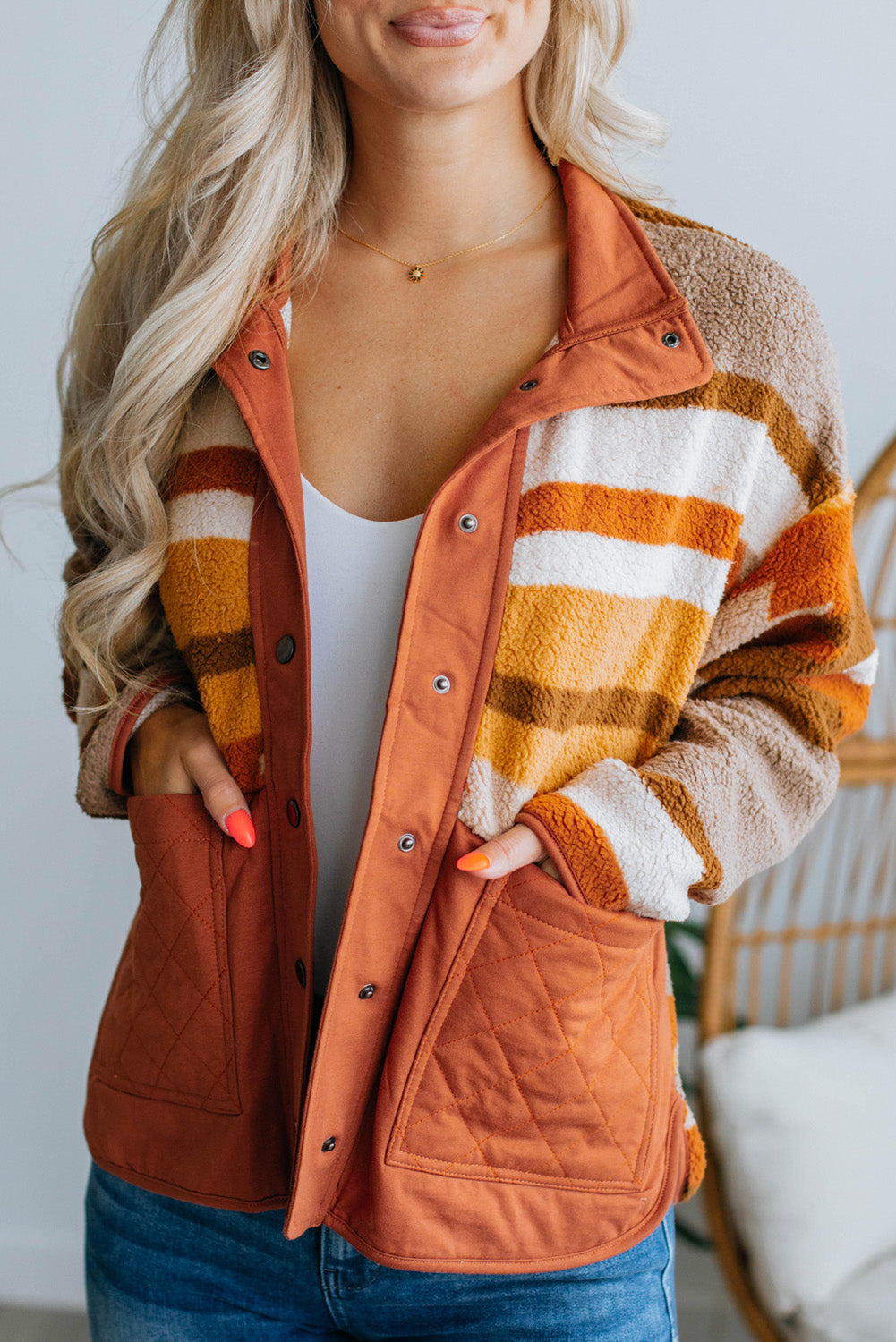 Brown Quilted Patch Pockets Aztec Furry Jacket