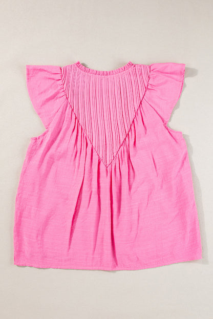 Bright Pink Textured Split Neck Patchwork Flutter Gauze Blouse