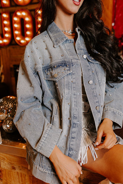 Dusk Blue Rhinestone Embellished Flap Pocket Denim Jacket