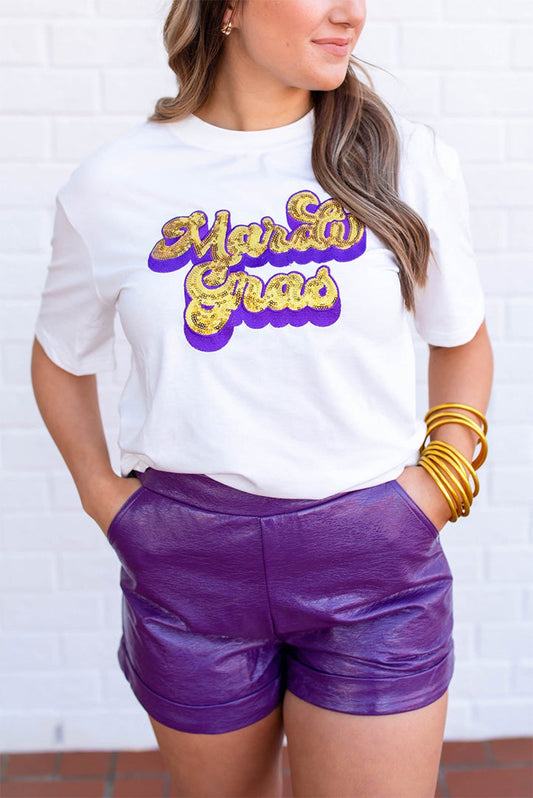 White Mardi Gras Sequin Graphic T-shirt