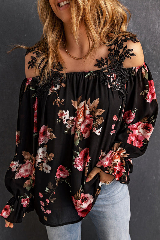 Casual Feather Print Off Shoulder Strap Blouse