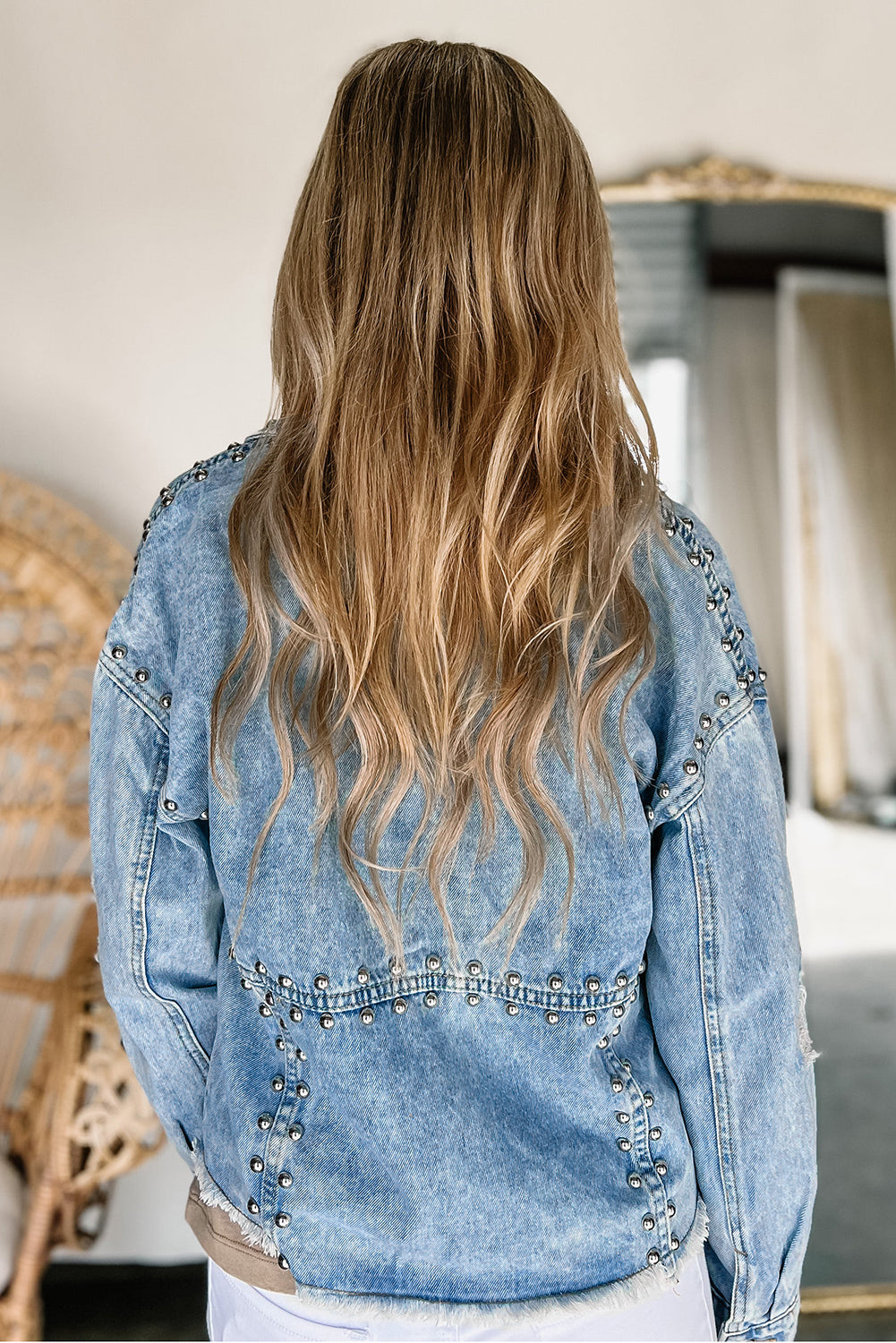 Sky Blue Studded Acid Wash Denim Jacket