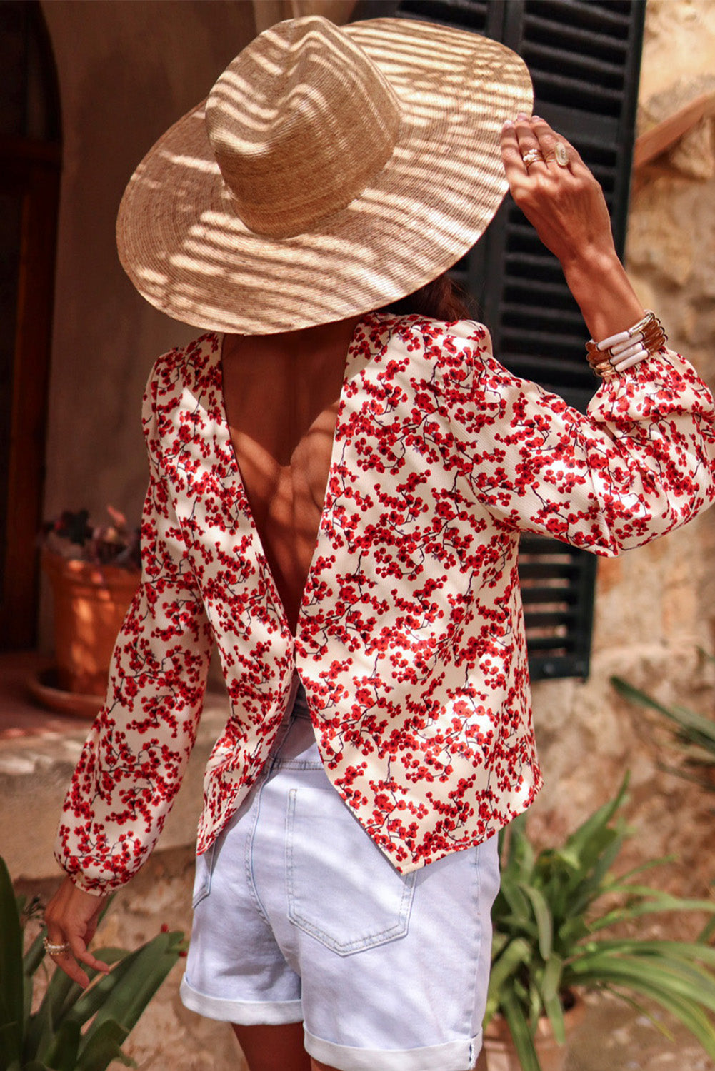 Red Floral Print Long Sleeve Open Back Blouse