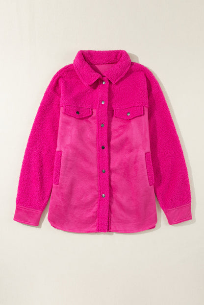 Bright Pink Faux Suede Sherpa Patchwork Button-up Shacket