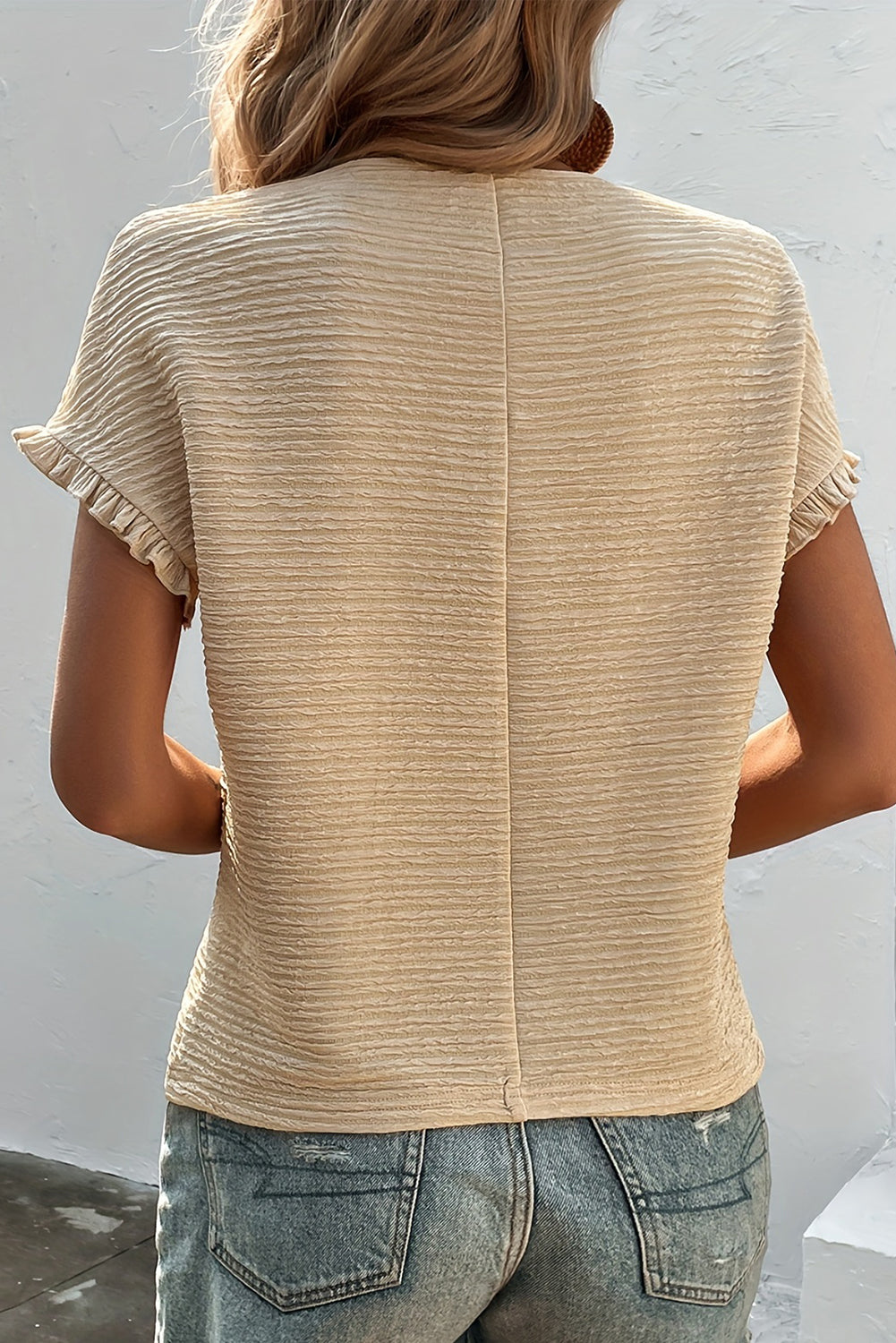 Apricot Solid Textured Ruffled Short Sleeve Blouse