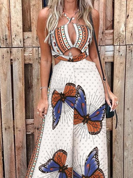 Fashion Butterfly Print Cutout Jumpsuit - LuckyFash™