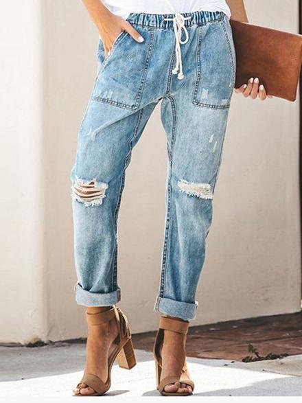 Fashion Casual Street Hipster Straight Leg Ripped Trousers Jeans for Women