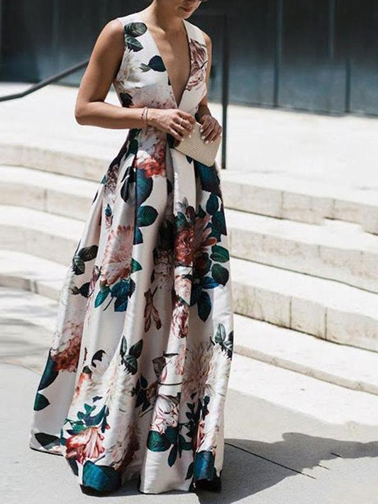 Fashion Deep V Floral Print Sleeveless Dress for Women