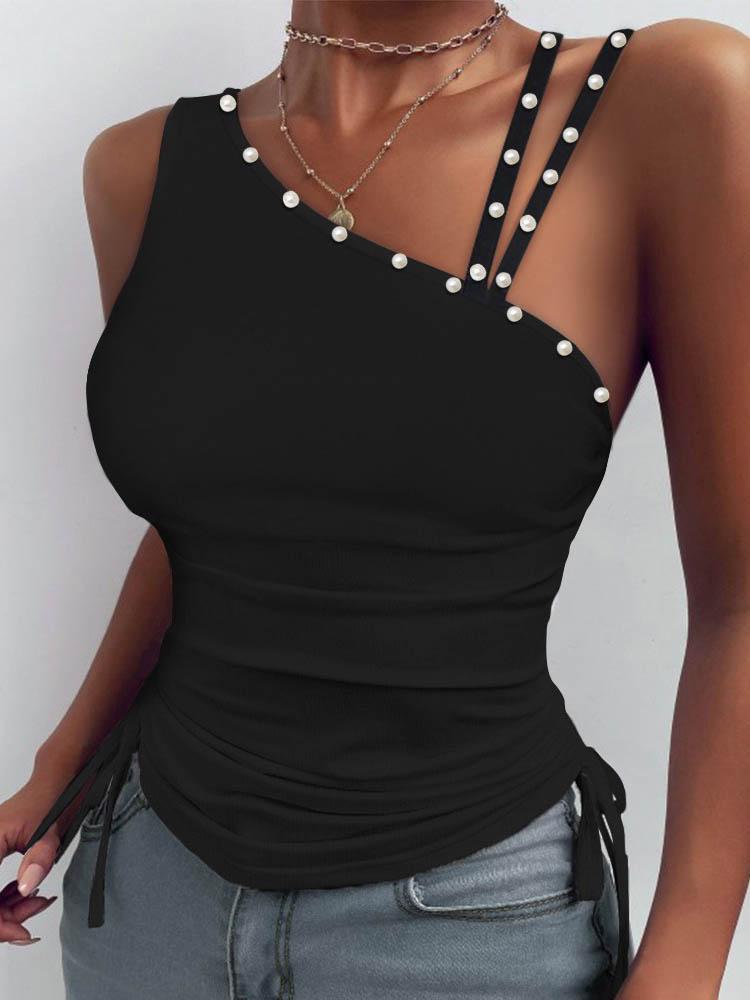 Fashion Pearl Strapless  Sling Vest TAN2106040064BLAS Black / S