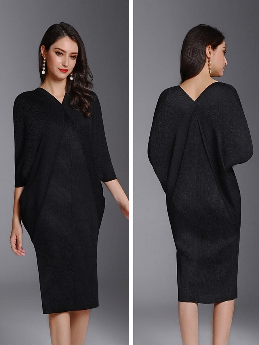 Fashion Pleated Bat Sleeve Loose Midi Dress