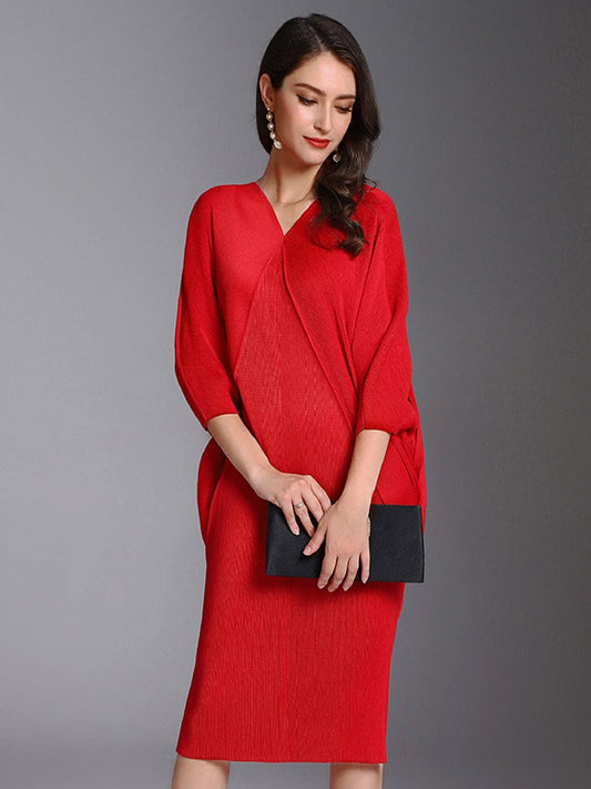 Fashion Pleated Bat Sleeve Loose Midi Dress DRE2303240101REDONESIZE Red / 4/6(M)