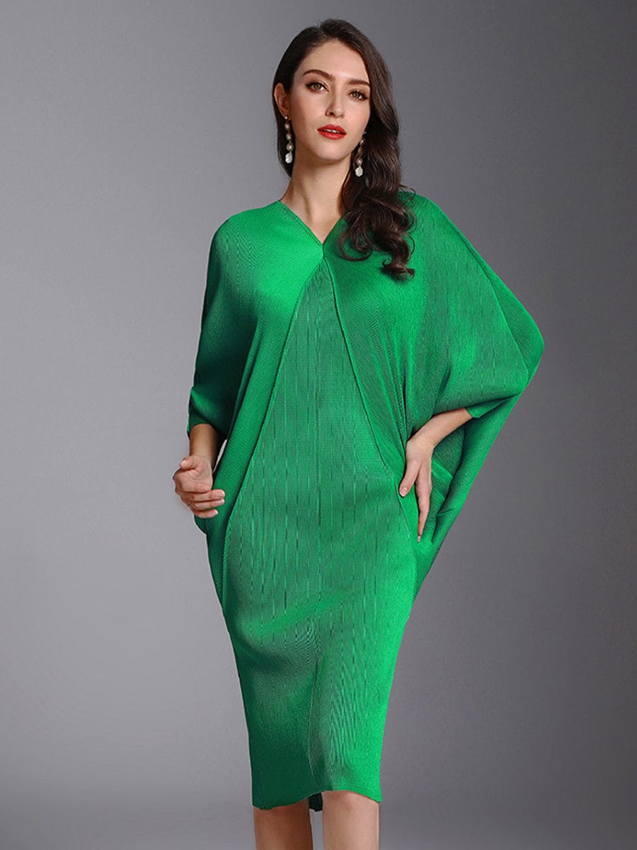 Fashion Pleated Bat Sleeve Loose Midi Dress DRE2303240101GREONESIZE Green / 4/6(M)