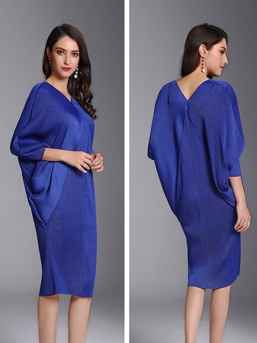 Fashion Pleated Bat Sleeve Loose Midi Dress