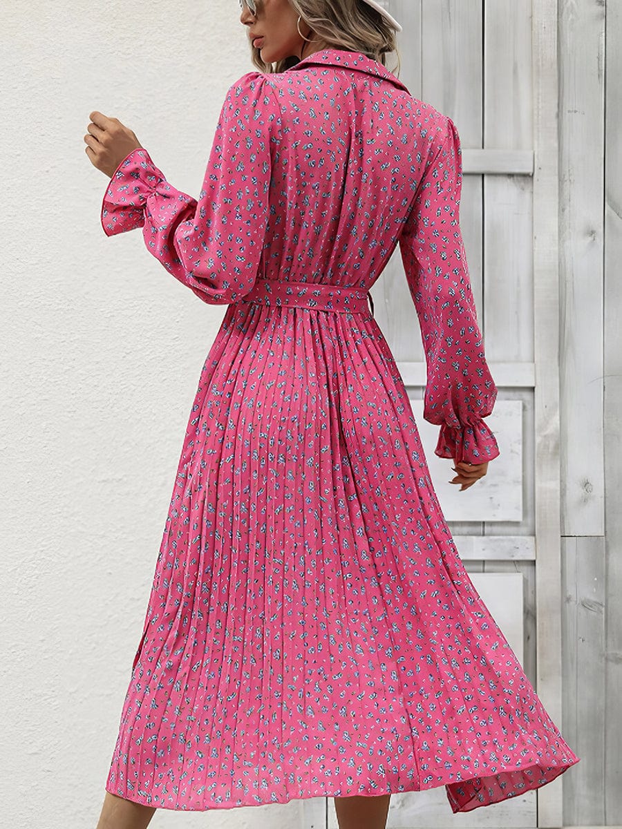 Fashion Pleated Tie Long Sleeve Midi Dress