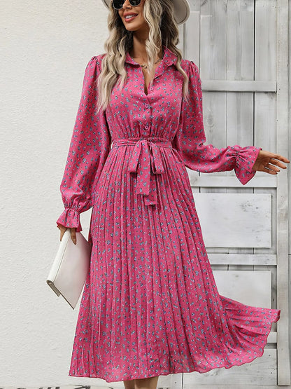 Fashion Pleated Tie Long Sleeve Midi Dress