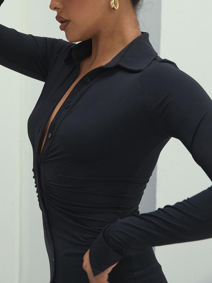 Fashion Pleated V-neck Long-sleeved Bodycon Dress