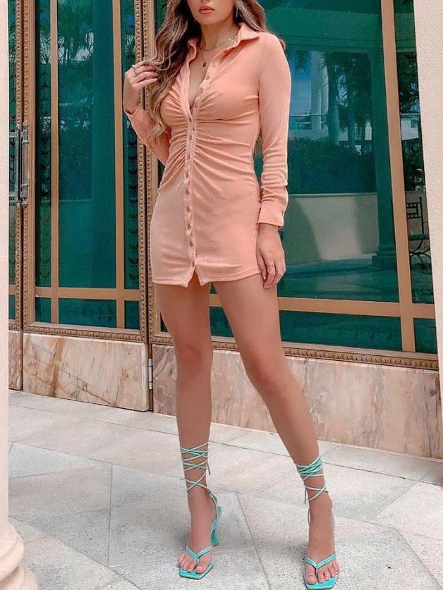 Fashion Pleated V-neck Long-sleeved Bodycon Dress