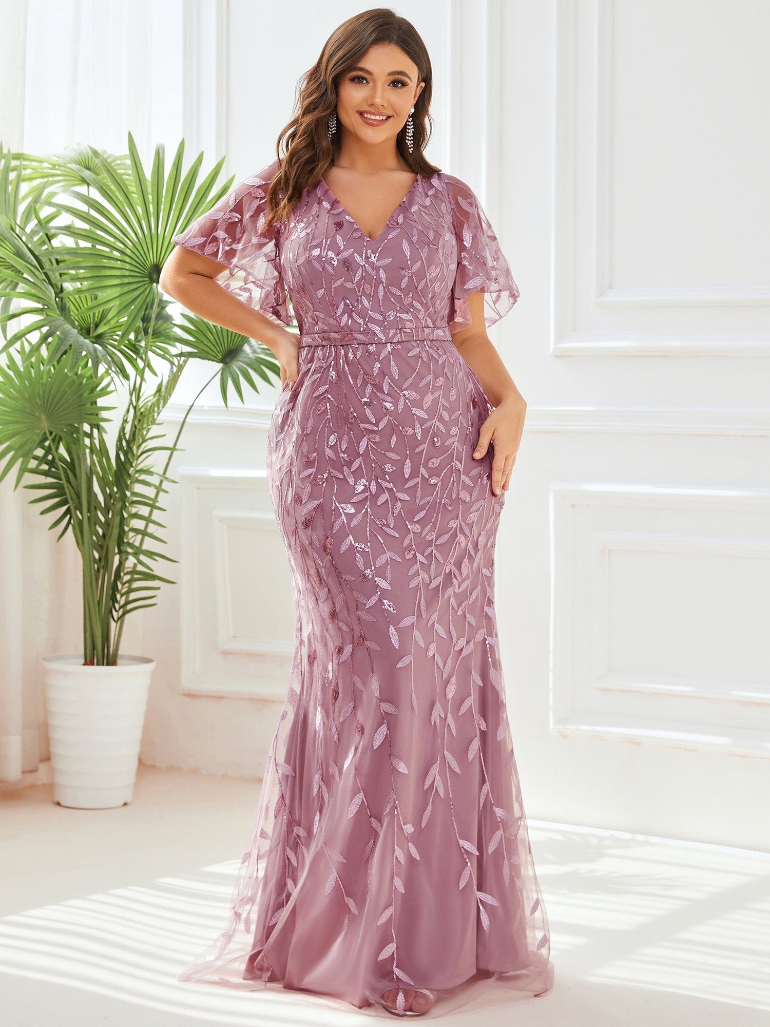 Fashion Plus Size Deep V Neck Wholesale Sequin & Tulle Evening Dress EE00693OD16 Orchid / 16
