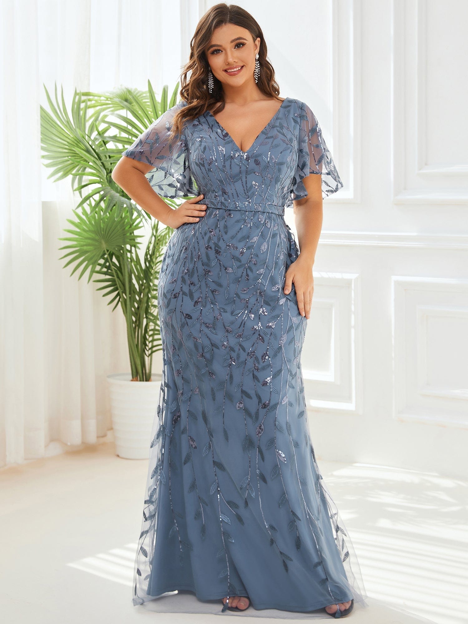 Fashion Plus Size Deep V Neck Wholesale Sequin & Tulle Evening Dress EE00693DN16 Dusty Navy / 16