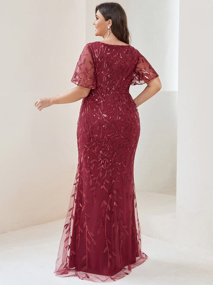 Fashion Plus Size Deep V Neck Wholesale Sequin & Tulle Evening Dress