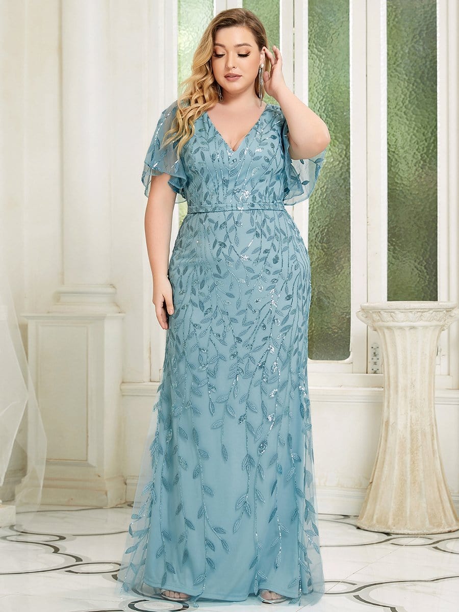 Fashion Plus Size V Neck Mermaid Sequin & Tulle Evening Dress EP00692DB16 Dusty Blue / 16