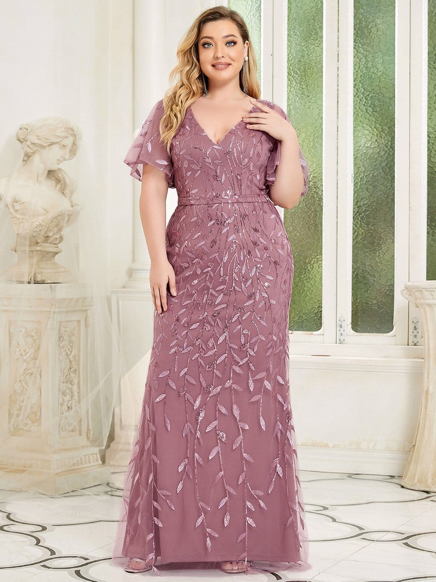 Fashion Plus Size V Neck Mermaid Sequin & Tulle Evening Dress EP00692OD16 Orchid / 16