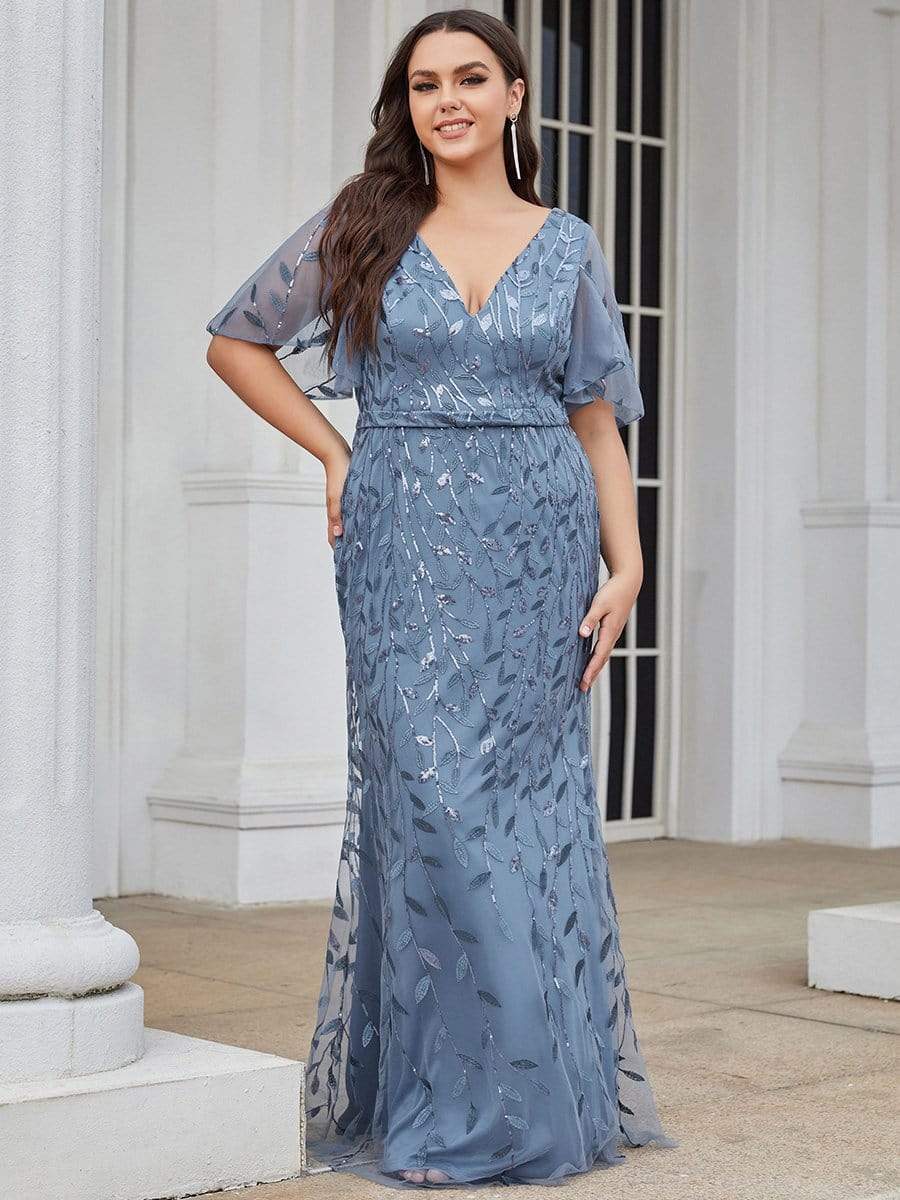 Fashion Plus Size V Neck Mermaid Sequin & Tulle Evening Dress DRE230970613DNV16 Blue / 16
