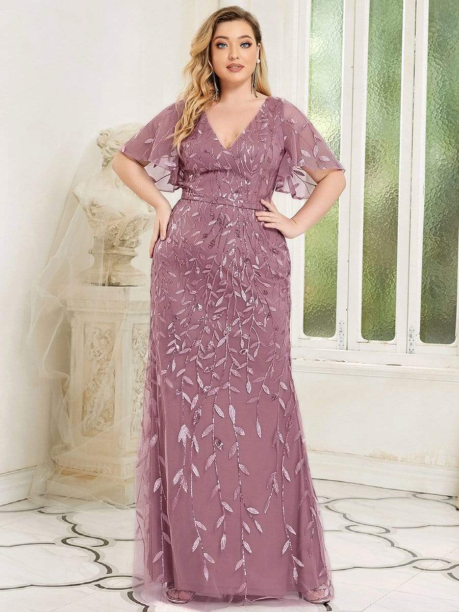 Fashion Plus Size V Neck Mermaid Sequin & Tulle Evening Dress DRE230970619POH16 RosyBrown / 16