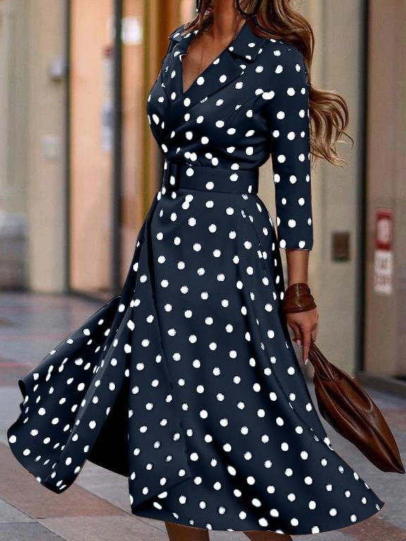 Fashion Polka Dot V-neck Long Sleeve Dress for Women