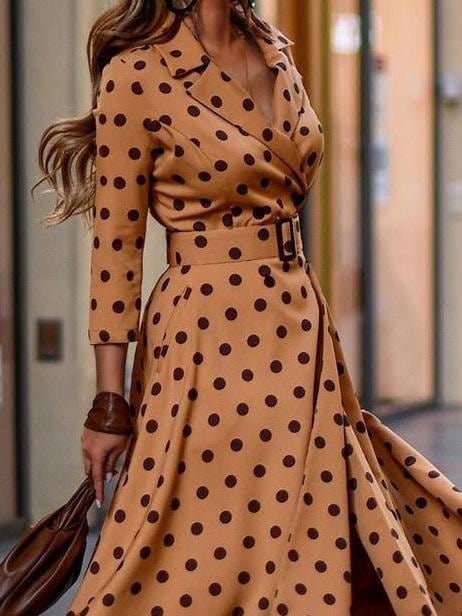 Fashion Polka Dot V-neck Long Sleeve Dress for Women