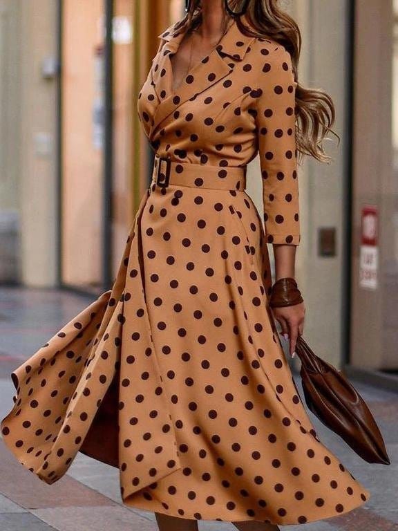 Fashion Polka Dot V-neck Long Sleeve Dress for Women