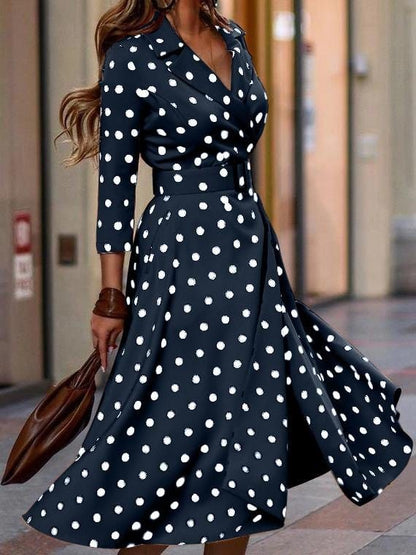 Fashion Polka Dot V-neck Long Sleeve Dress for Women DRE2106100345NAVS Navy Blue / S