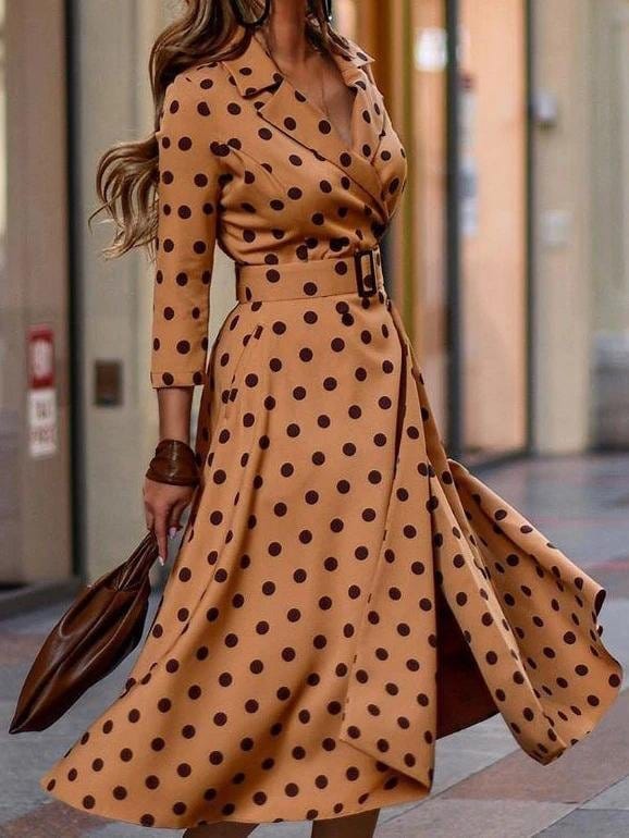 Fashion Polka Dot V-neck Long Sleeve Dress for Women DRE2106100345KHAS Khaki / S