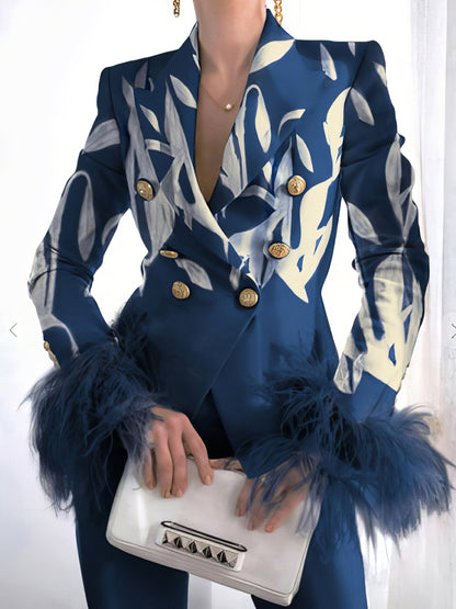 Fashion Print Button Long Sleeve Feather Blazer BLA2112171186BLUS Blue / 2 (S)