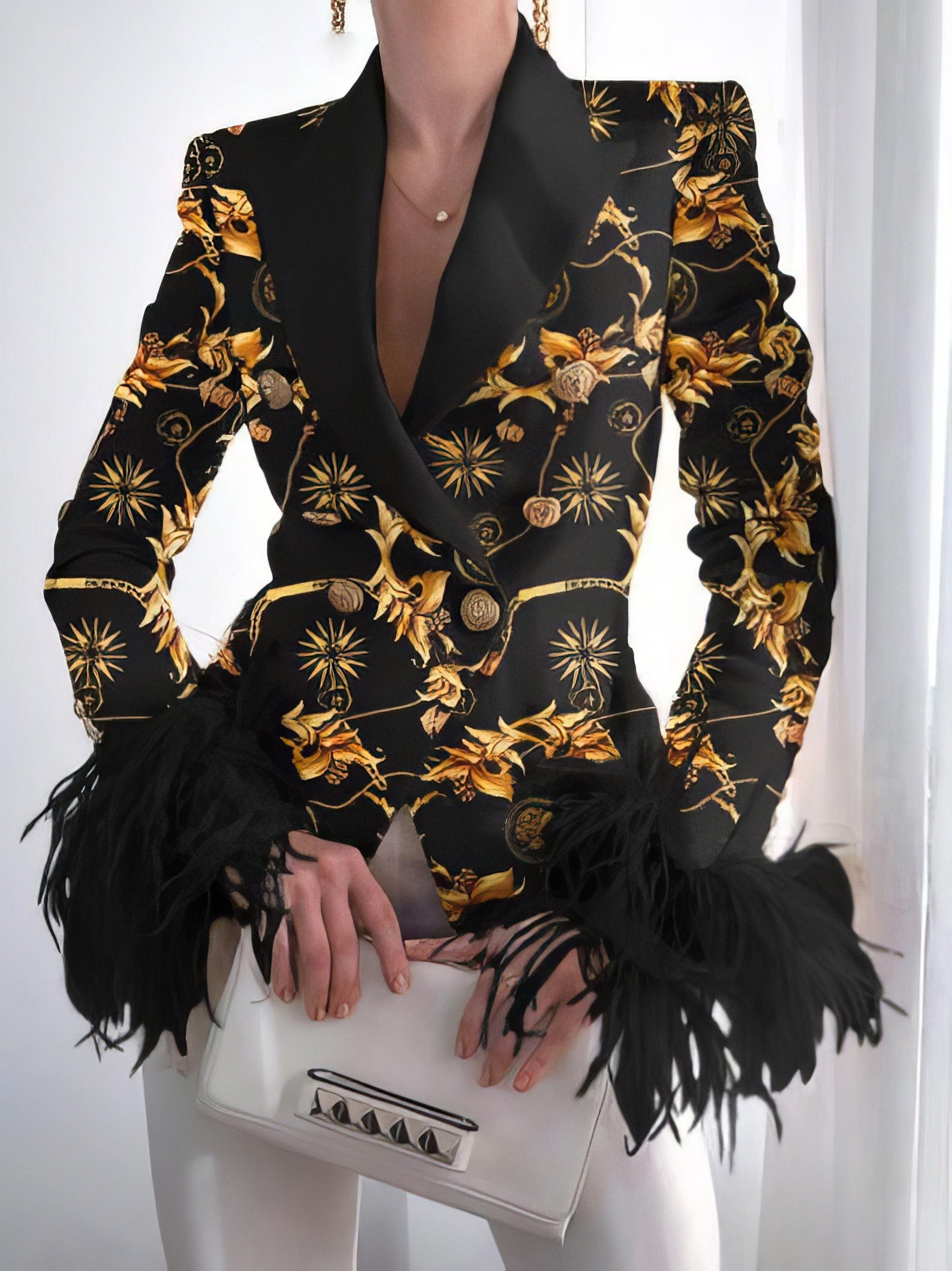 Fashion Print Button Long Sleeve Feather Blazer BLA2112171186GOLS Gold / 2 (S)