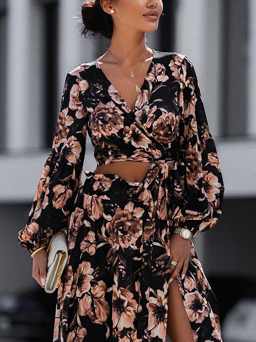 Fashion Print Long Sleeve V Neck Sexy Maxi Dress