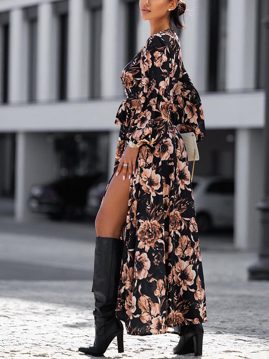 Fashion Print Long Sleeve V Neck Sexy Maxi Dress