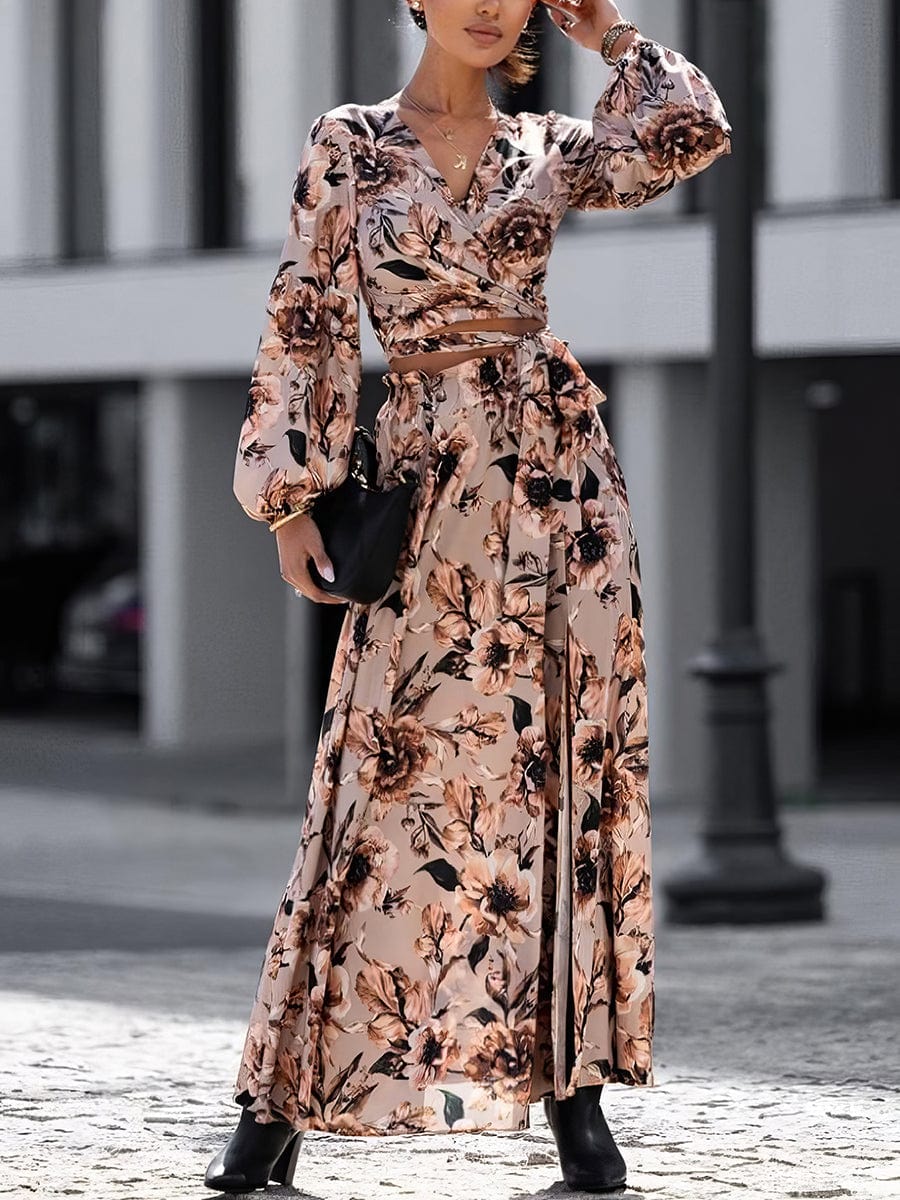 Fashion Print Long Sleeve V Neck Sexy Maxi Dress