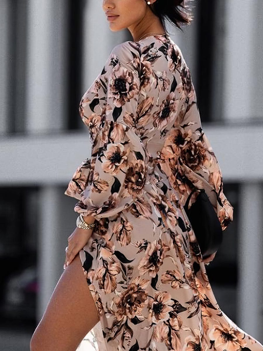 Fashion Print Long Sleeve V Neck Sexy Maxi Dress