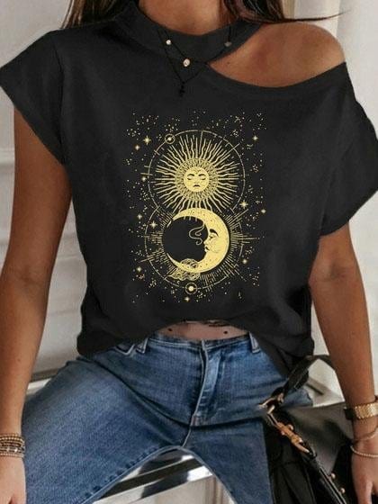 Fashion Print Off Shoulder T-shirt TSH2106281198BLAS Black / S