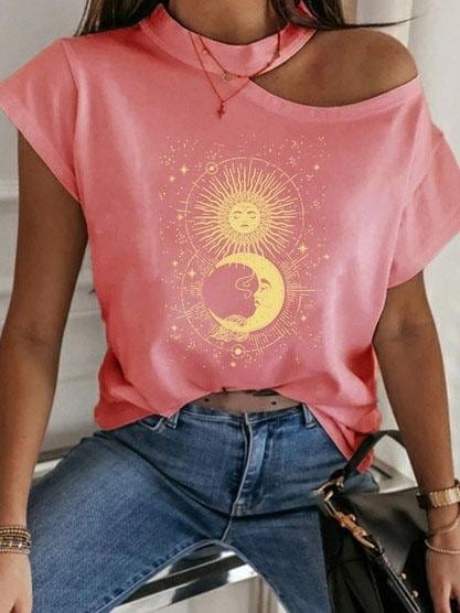 Fashion Print Off Shoulder T-shirt TSH2106281198PINS Pink / S