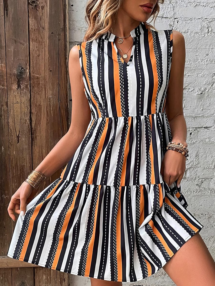 Fashion Print Stand Collar Striped Sleeveless Mini Dress