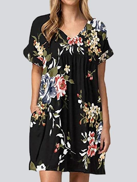Fashion Print V Neck Short Sleeve Mini Dresses DRE2105231063BLACKFLS Black Flower / S