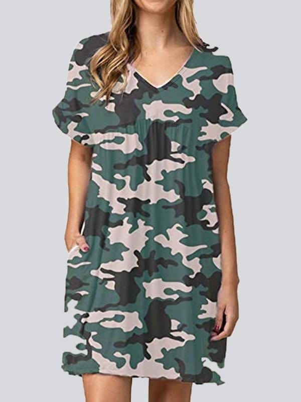 Fashion Print V Neck Short Sleeve Mini Dresses DRE2105231063CAMS Camouflage / S