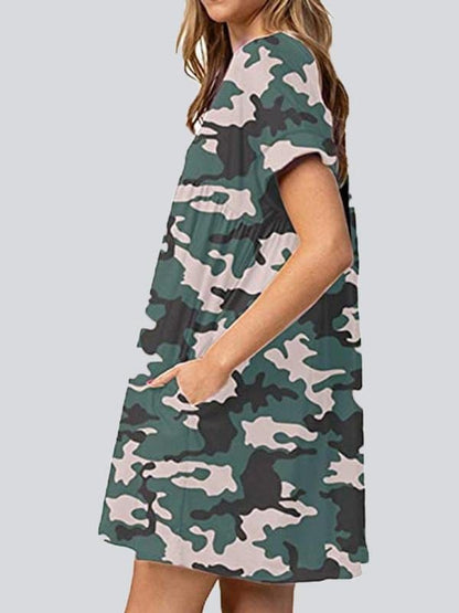 Fashion Print V Neck Short Sleeve Mini Dresses