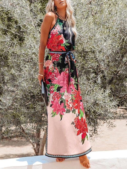 Fashion Printed High-waist Lace-up Halter Dress